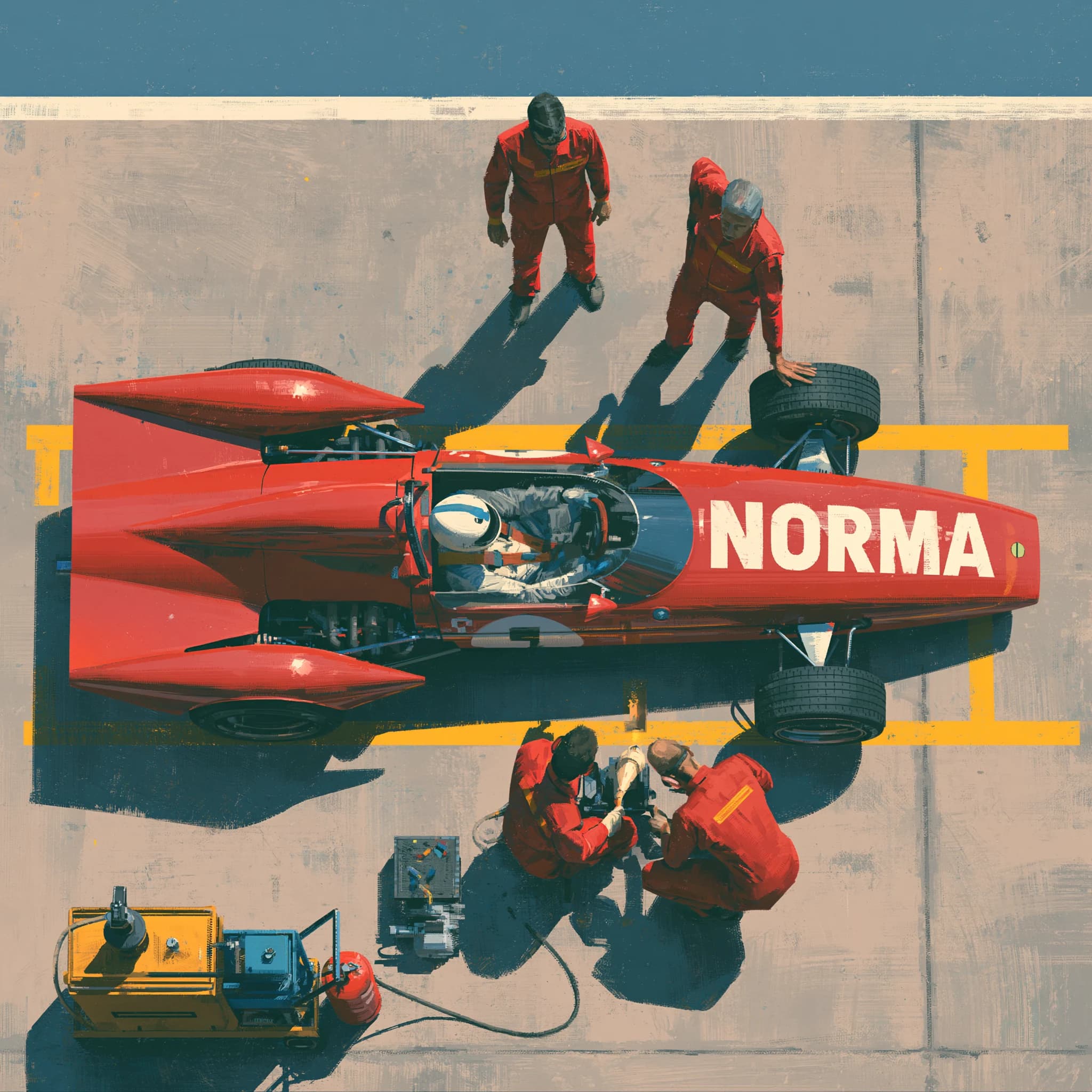 A red Norma race car surrounded by its maintenance crew in a workshop bay
